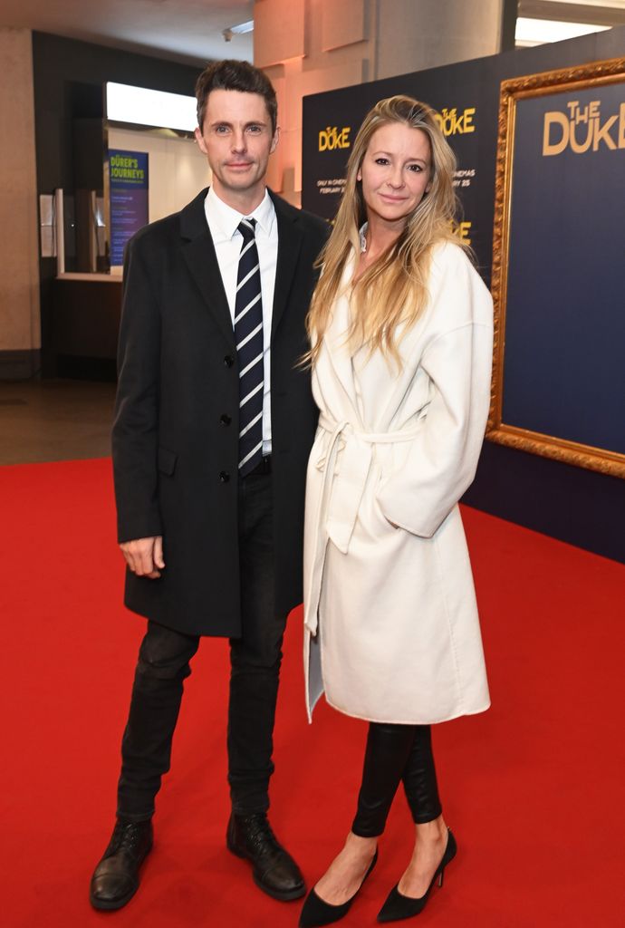 Matthew Goode (L) and Sophie Dymoke attend the UK Premiere of "The Duke" and pose for photos on red carpet
