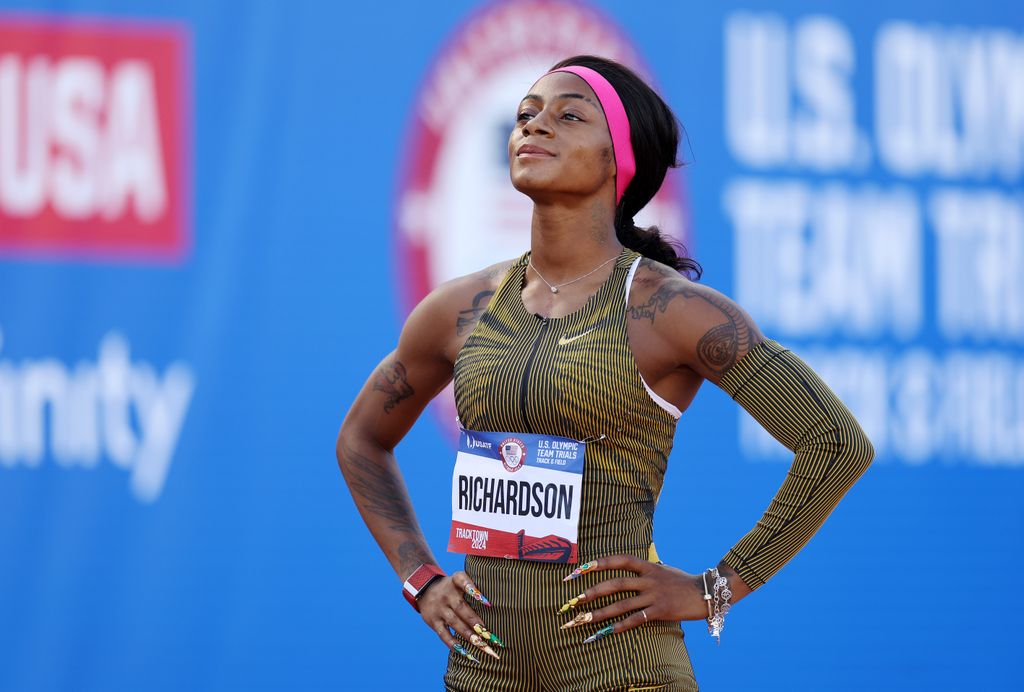 Sha'Carri Richardson looks on ahead of competing in the women's 100 meter semi-final on Day Two of the 2024 U.S. Olympic Team Track & Field Trials at Hayward Field on June 22, 2024 in Eugene, Oregon