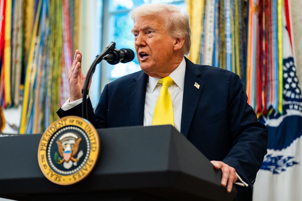 US President Donald Trump speaks during a news conference in the Oval Office of the White House on Wednesday October 15, 2025.