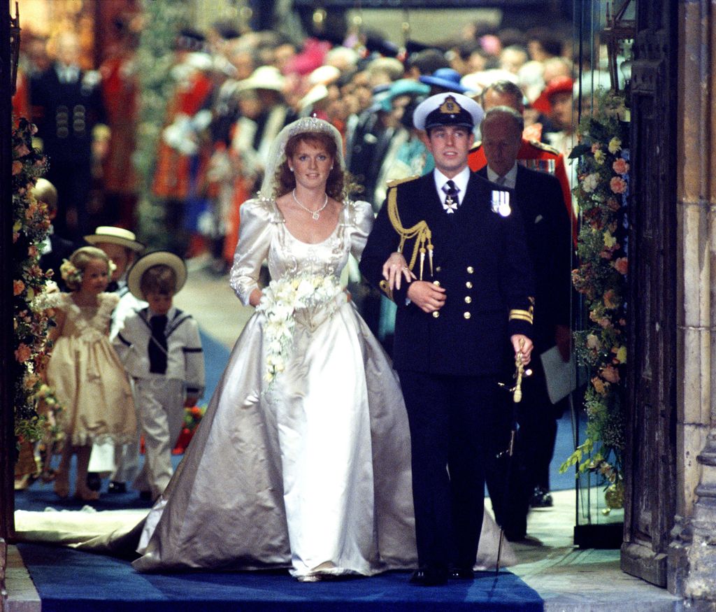 Prince Andrew and Sarah Ferguson walking out of their wedding ceremony