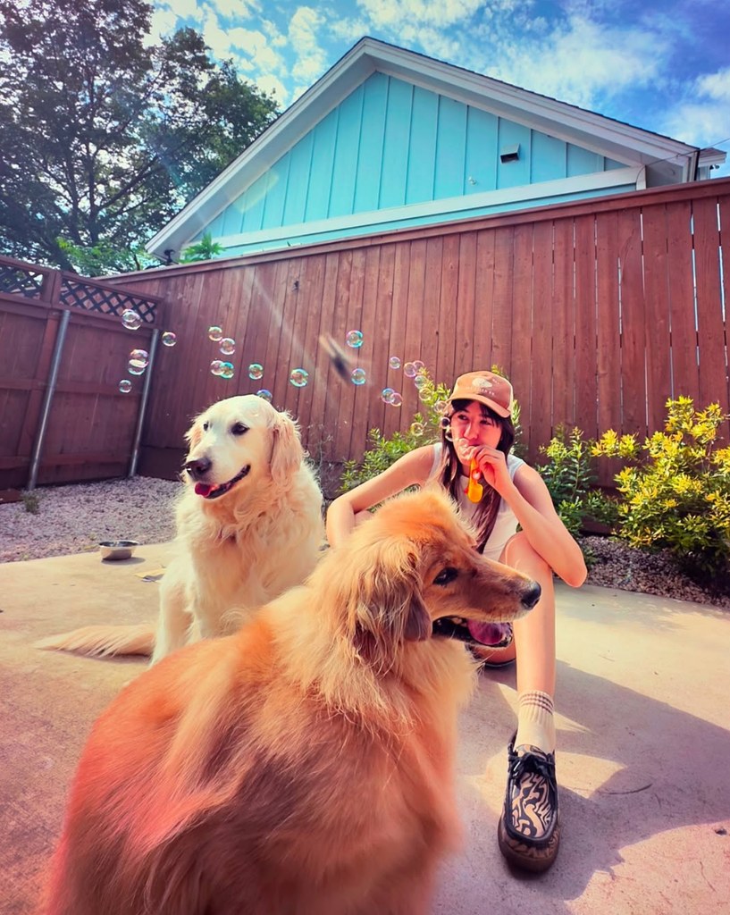 Photo shared by YouTuber Markiplier of his wife Amy Nelson with their two dogs