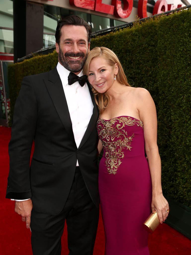 Jon Hamm and actress/writer Jennifer Westfeldt arrive to the 66th Annual Primetime Emmy Awards held at the Nokia Theater on August 25, 2014