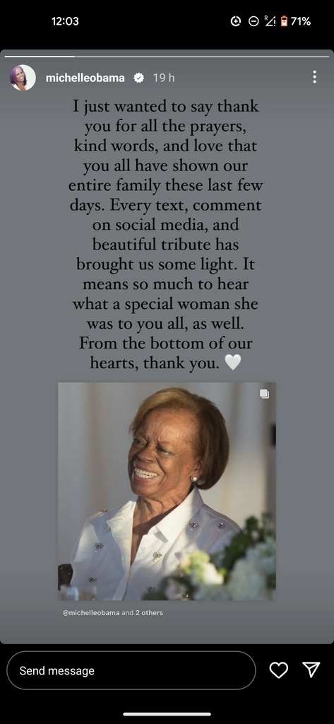Michelle Obama shared a new note with her fans following the death of her beloved mom Marian Robinson 