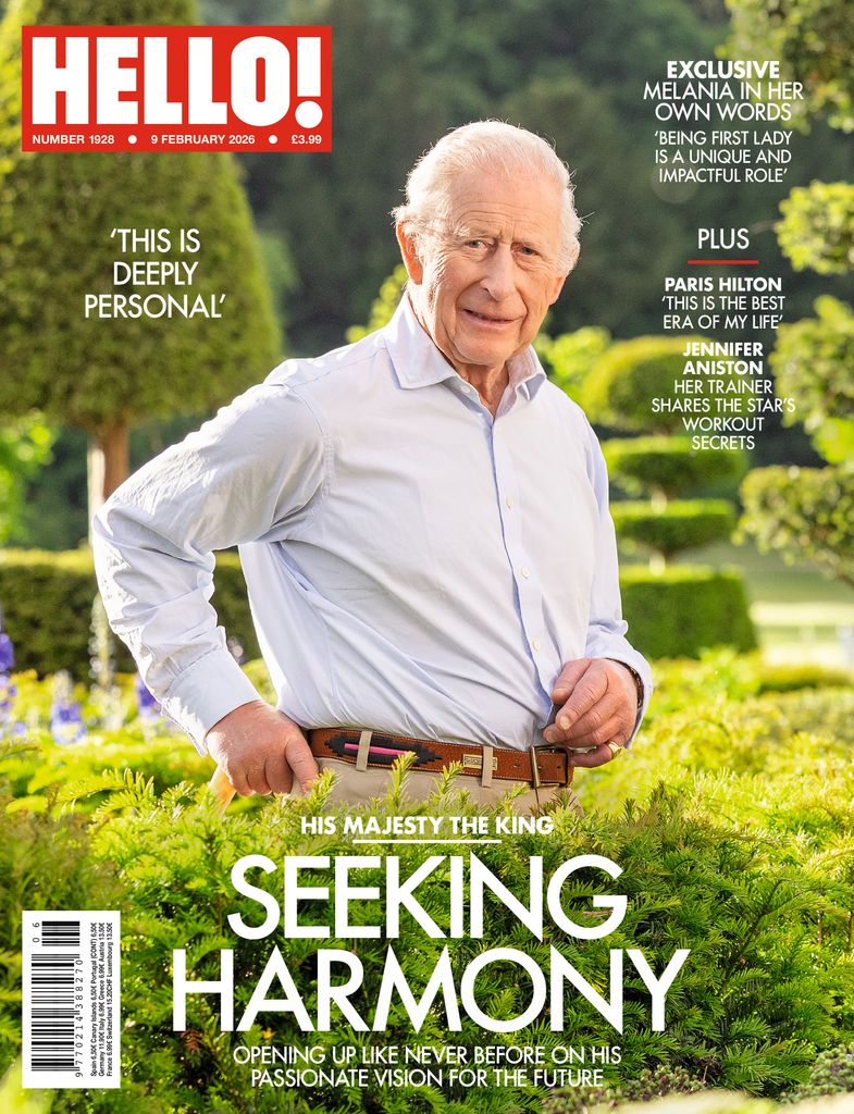 HELLO! magazine cover featuring King Charles III in a green landscape background