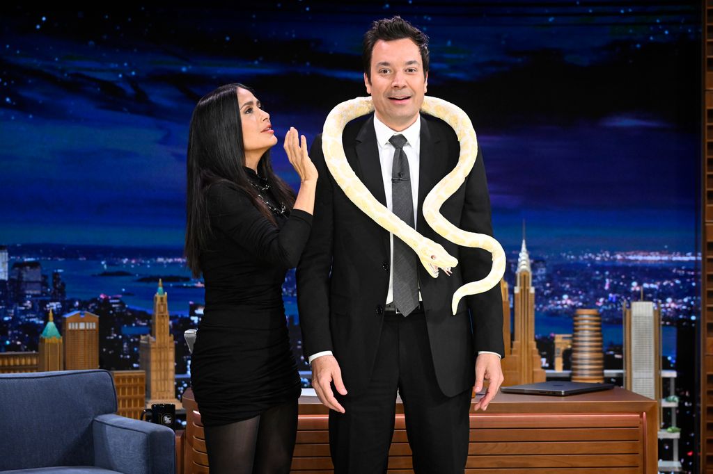 Actress Salma Hayek Pinault during an interview with host Jimmy Fallon 