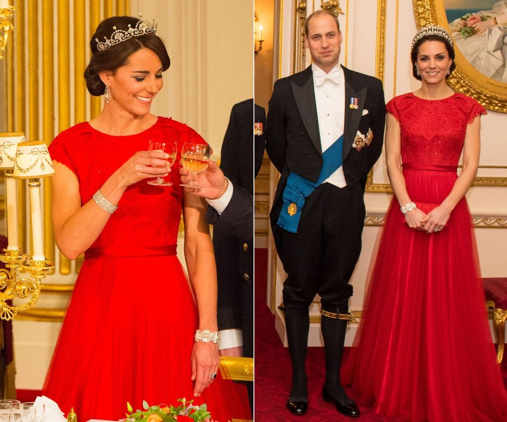 Kate Middleton wears a red cap-sleeved dress