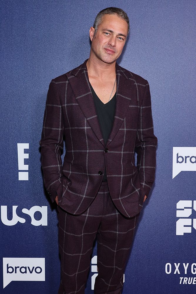 Taylor Kinney burgundy suit