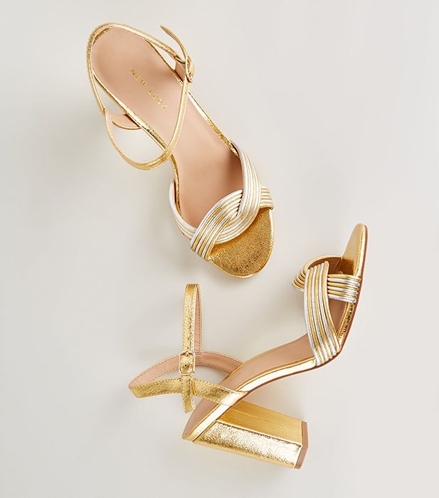 gold shimmer linked strap block heels