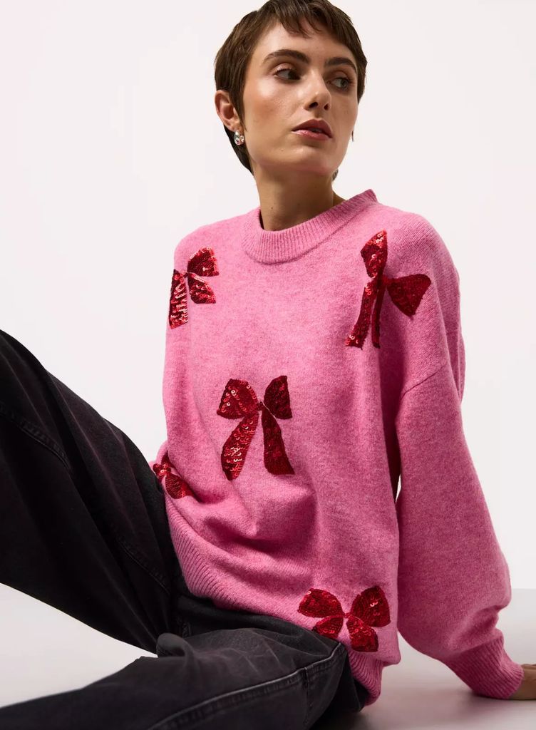 Tu At Sainsbury's Pink & Red Bow Sequin Embellished Christmas Jumper