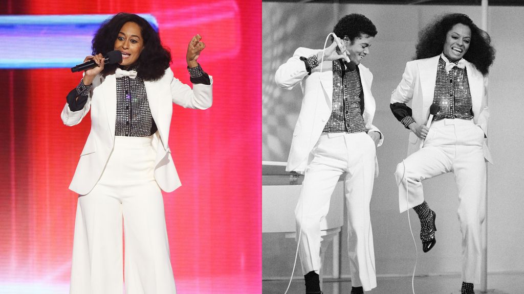 Tracee Ellis Ross durante o American Music Awards de 2017; Diana Ross e Michael Jackson durante uma apresentação em 1981