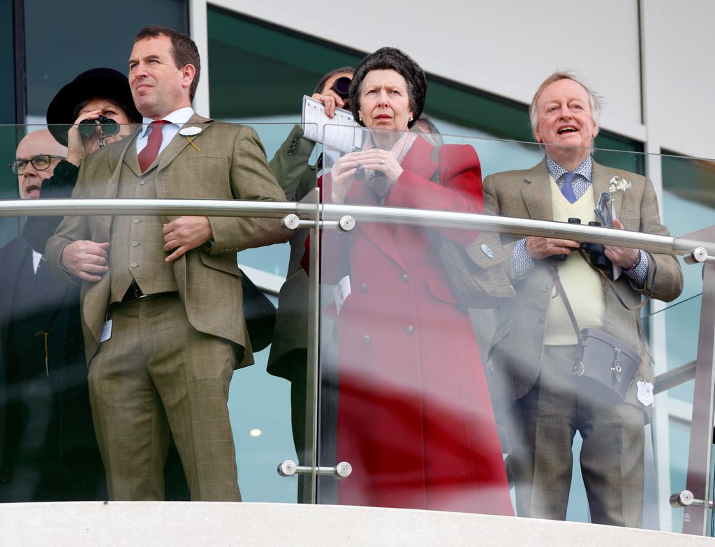 Peter Phillips, Princess Anne and Andrew Parker Bowles watching horse racing