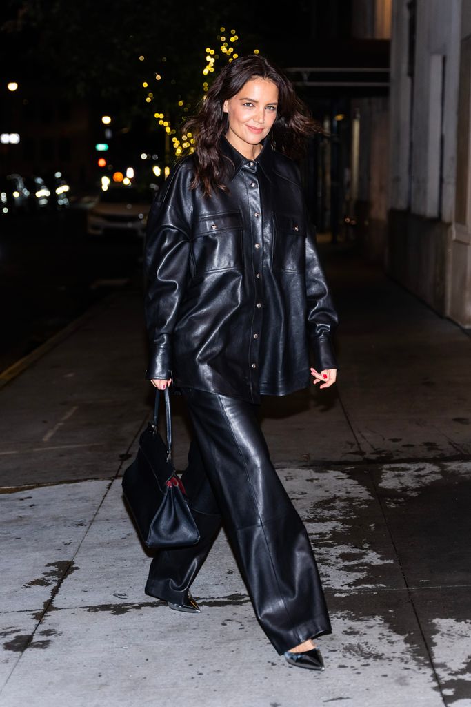 Katie Holmes wears an all-leather ensemble out in Midtown, New York in November 2022