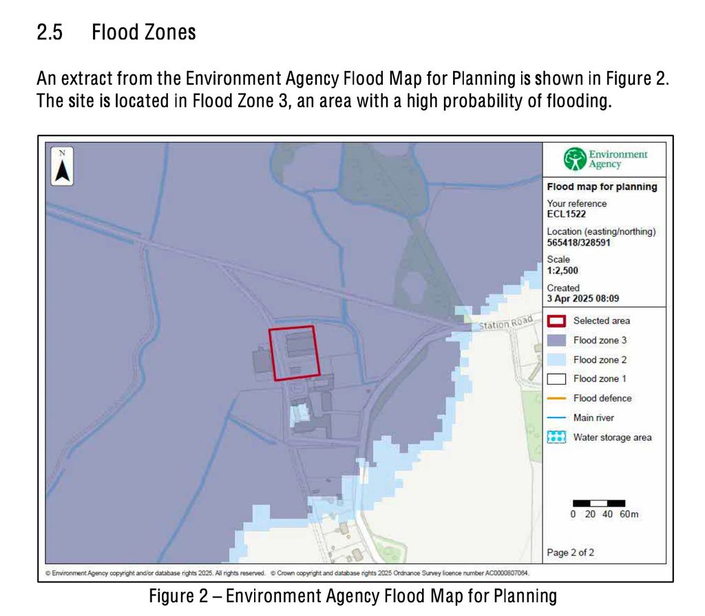 The Environment Agency flood map from April 2025 shows Marsh Farm (red square) in Wolferton Norfolk and the flood zone