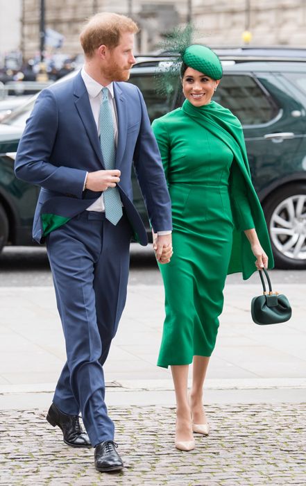 meghan markle at commonwealth service wearing green dress wth prince harry