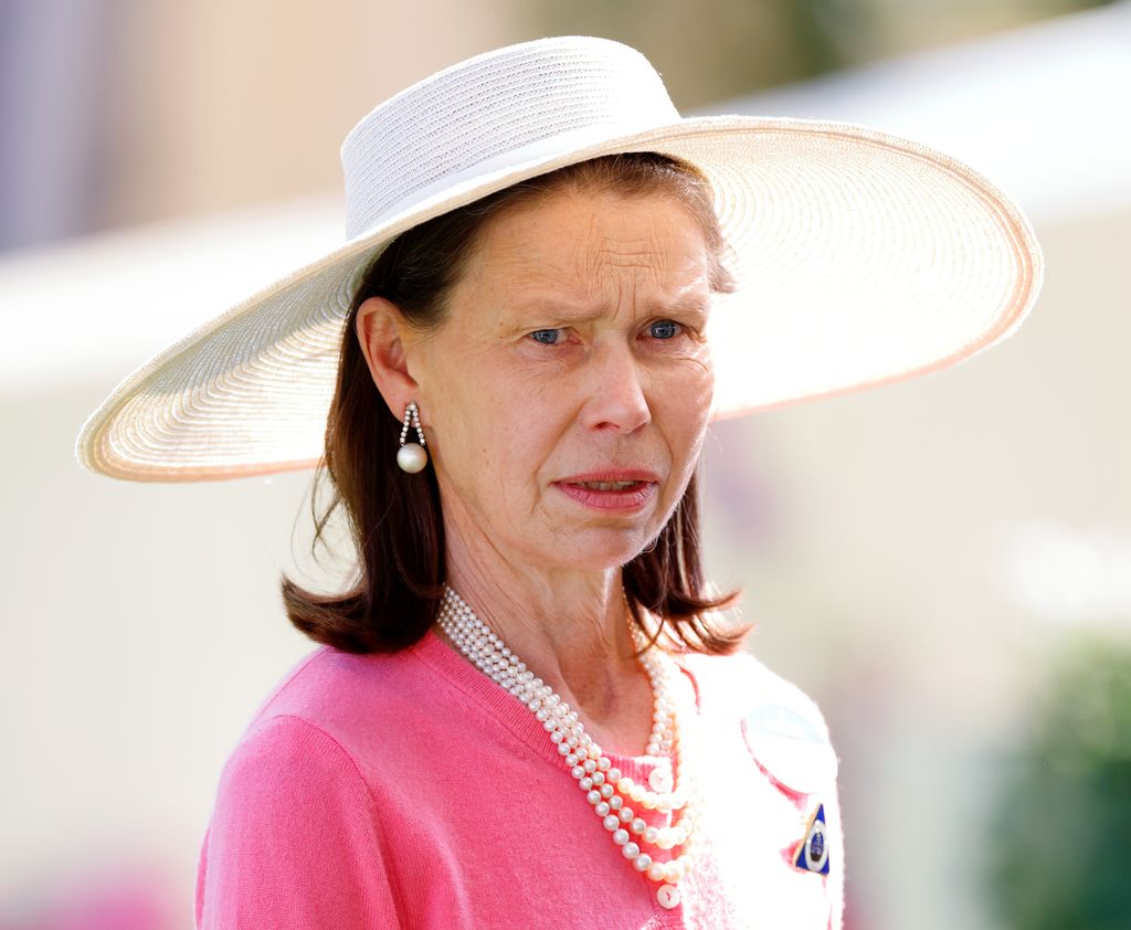 Lady Sarah Chatto wearing pink cardigan and pearls at Royal Ascot