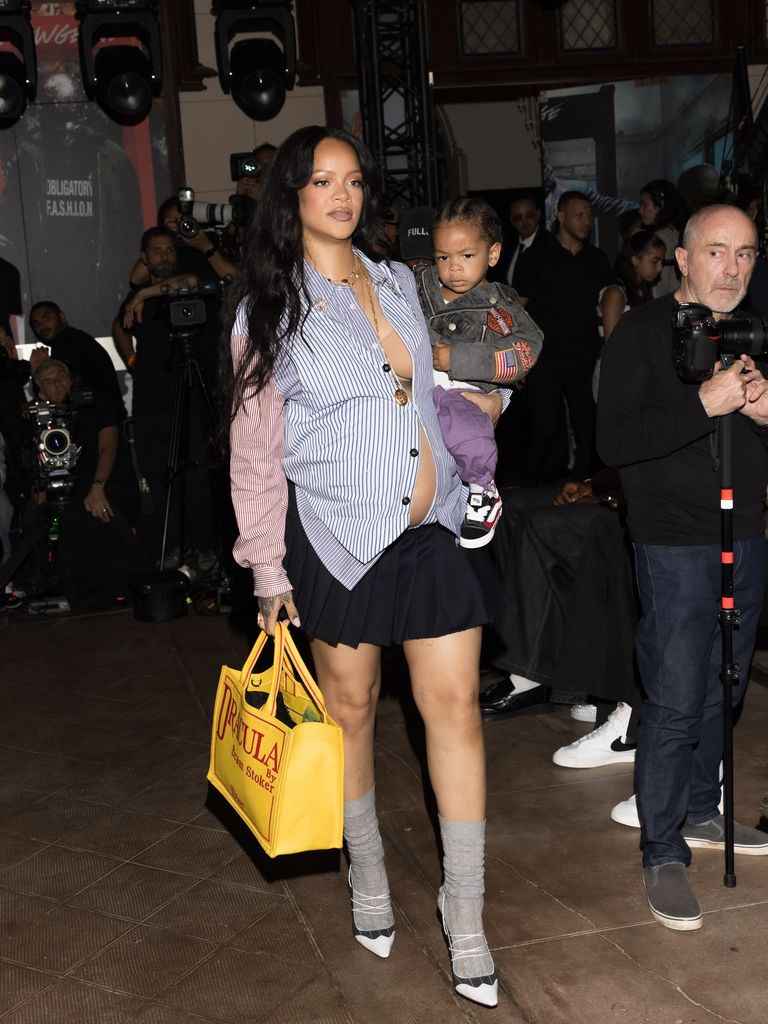 Rihanna and son Riot attend the AWGE Menswear Spring/Summer 2026 show as part of Paris Fashion Week on June 27, 2025 in Paris, France.