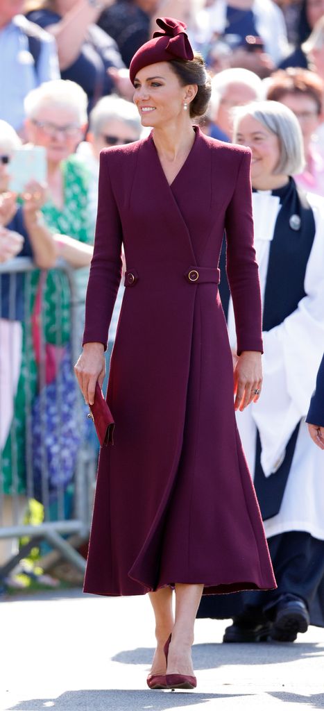 Catherine, Princess of Wales in burgundy coat dress