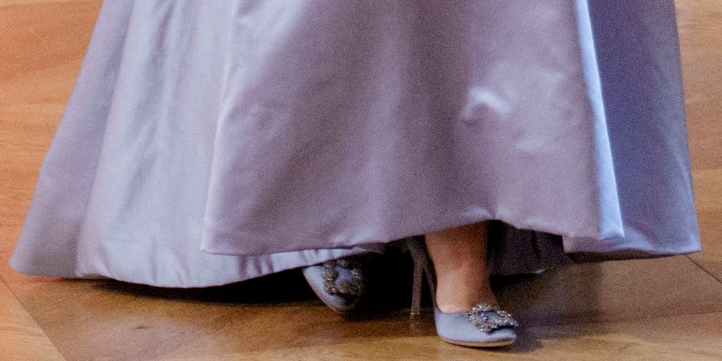 Queen Mary's grey Manolo Blahnik heels up close
