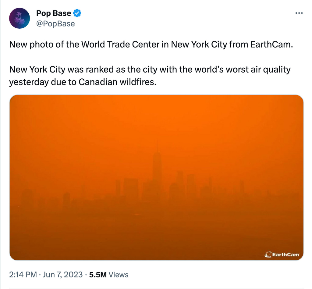 Tweet from PopBase of photo of NYC amid wildfires
