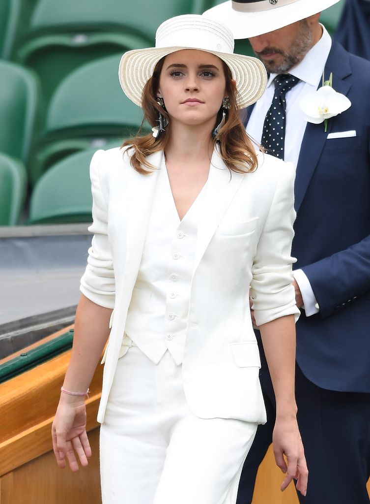Emma Watson attends day twelve of the Wimbledon Tennis Championships at the All England Lawn Tennis and Croquet Club on July 14, 2018 in London, England.  (Photo by Karwai Tang/WireImage )