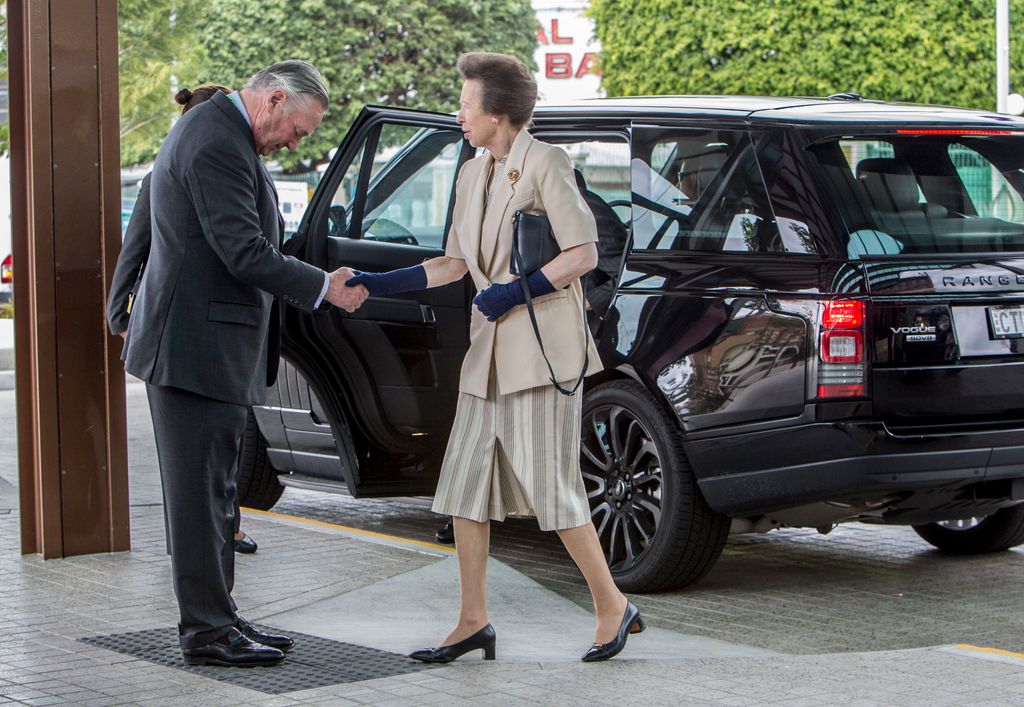 Princess Anne was greeted by Lord Samuel Vestey in striped dress
