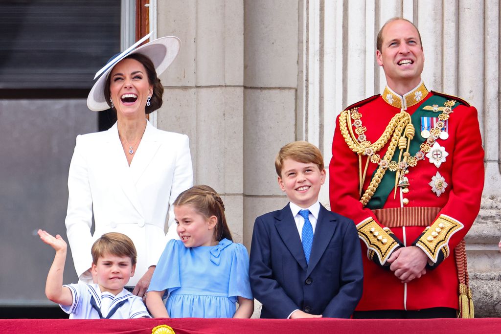 The Prince and Princess of Wales, Prince George, Princess Charlotte and Prince Louis watch the RAF flypast on the balcony of Buckingham Palace during the Trooping the Colour parade on June 02, 2022 in London, England.