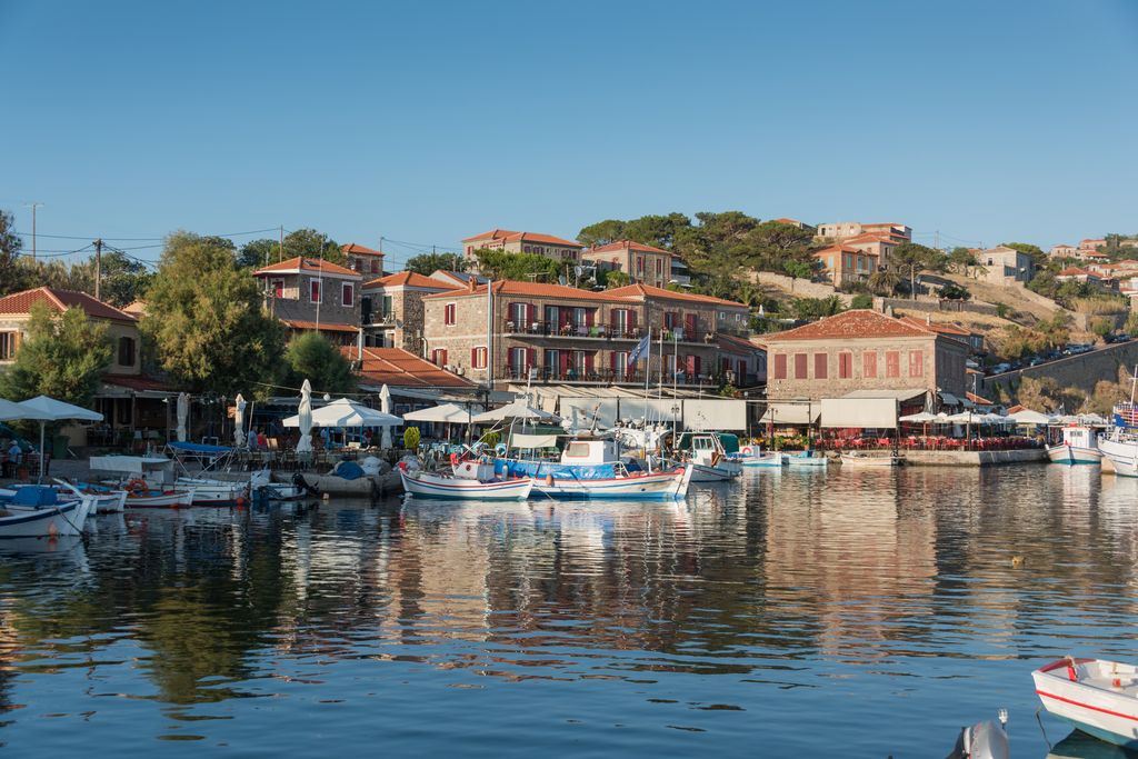 Fishing boats moored in Molyvos harbour, Lesvos, Greece