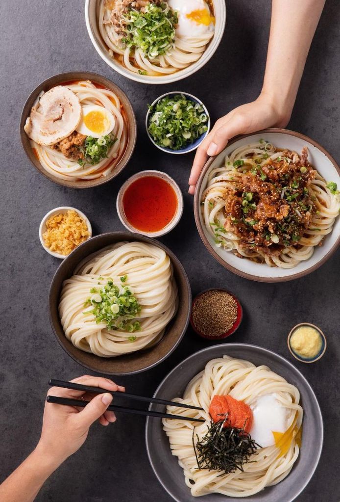 Marugame Udon noodle bowls and dipping sauces 