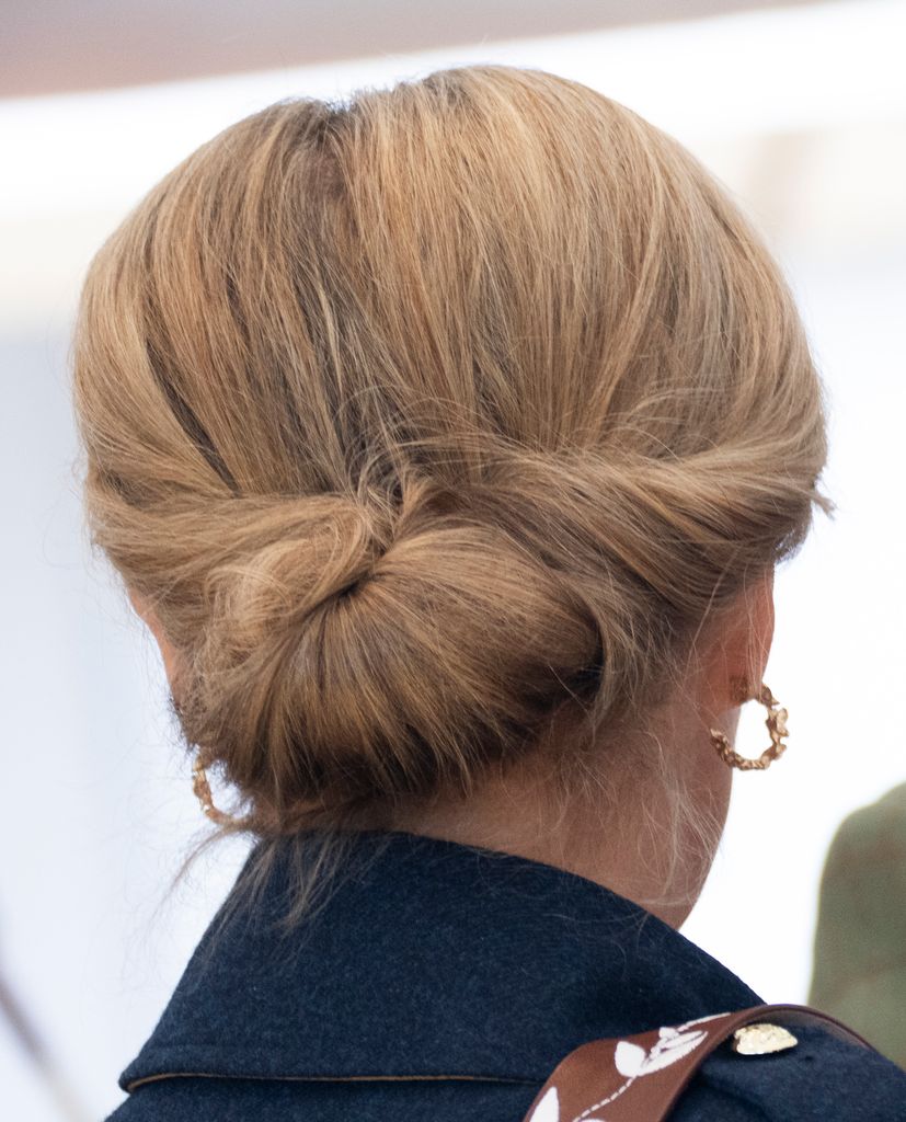 Bagian belakang kepala Duchess Sophie, dengan rambutnya di roti yang elegan