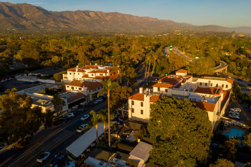 This aerial view shows the commercial center in the Montecito neighborhood of Santa Barbara, California, on March 5, 2021