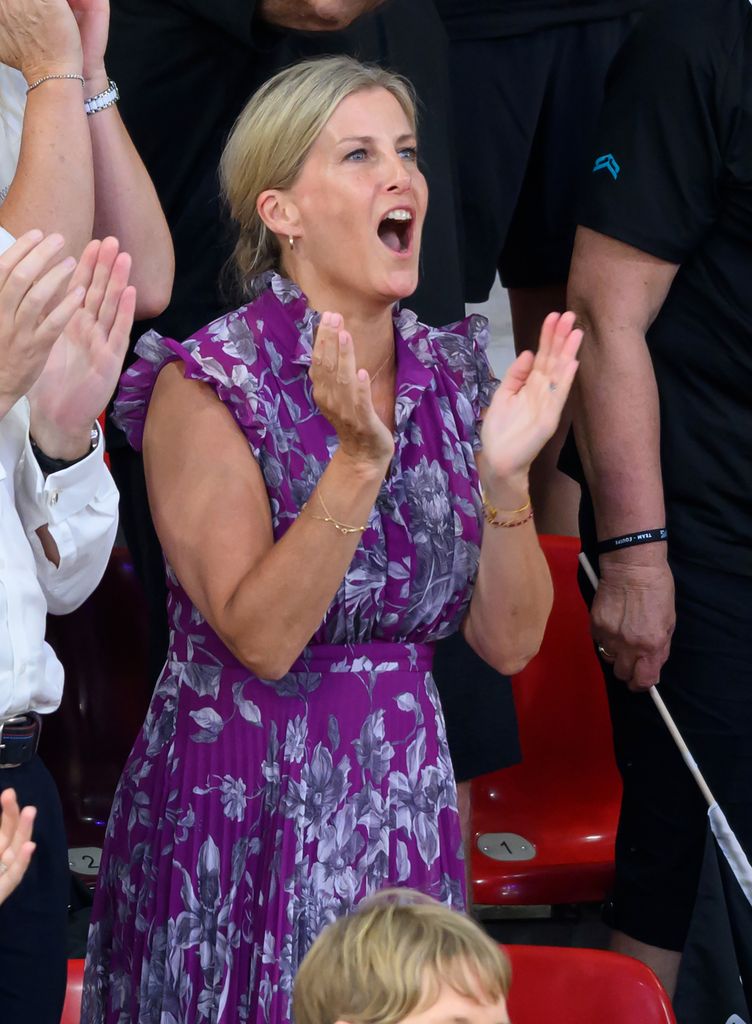 Sophie, Duchess of Edinburgh celebrates after Team GB claim gold in the women's team sprint