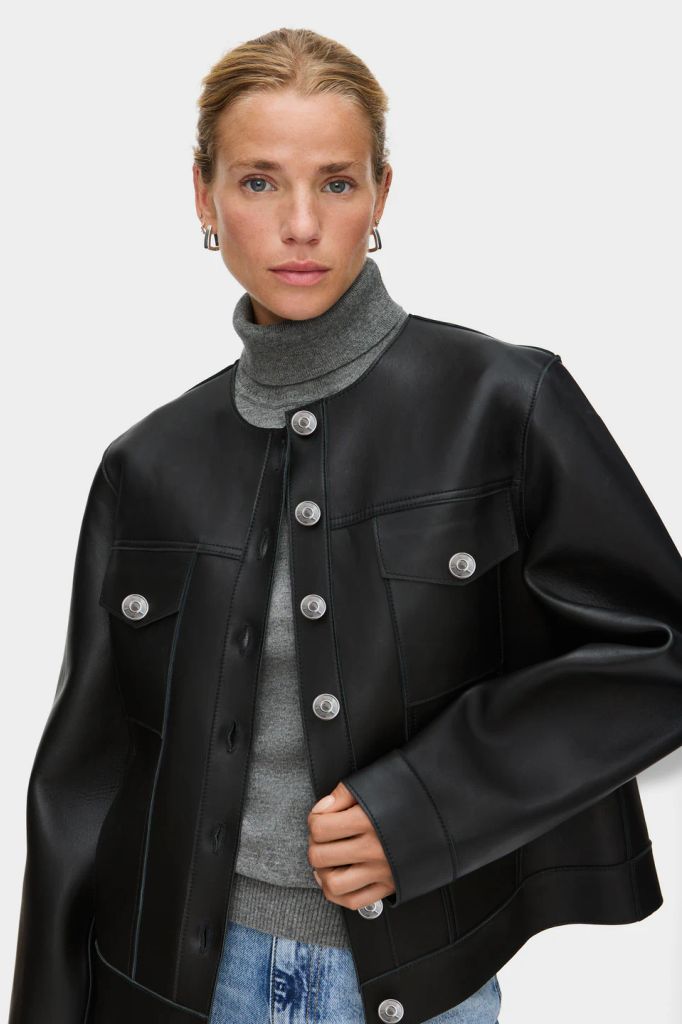 aligne collarless leather jacket