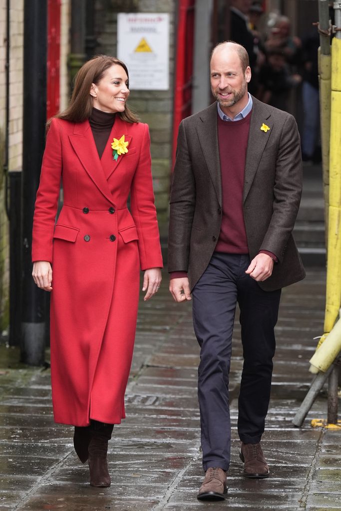 Kate Middleton wearing red McQueen coat in Pontypridd