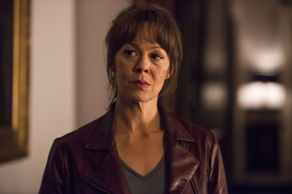 Helen McCrory as Emma Banville in Fearless. She is wearing a burgundy leather jacket and a grey T-shirt. 
