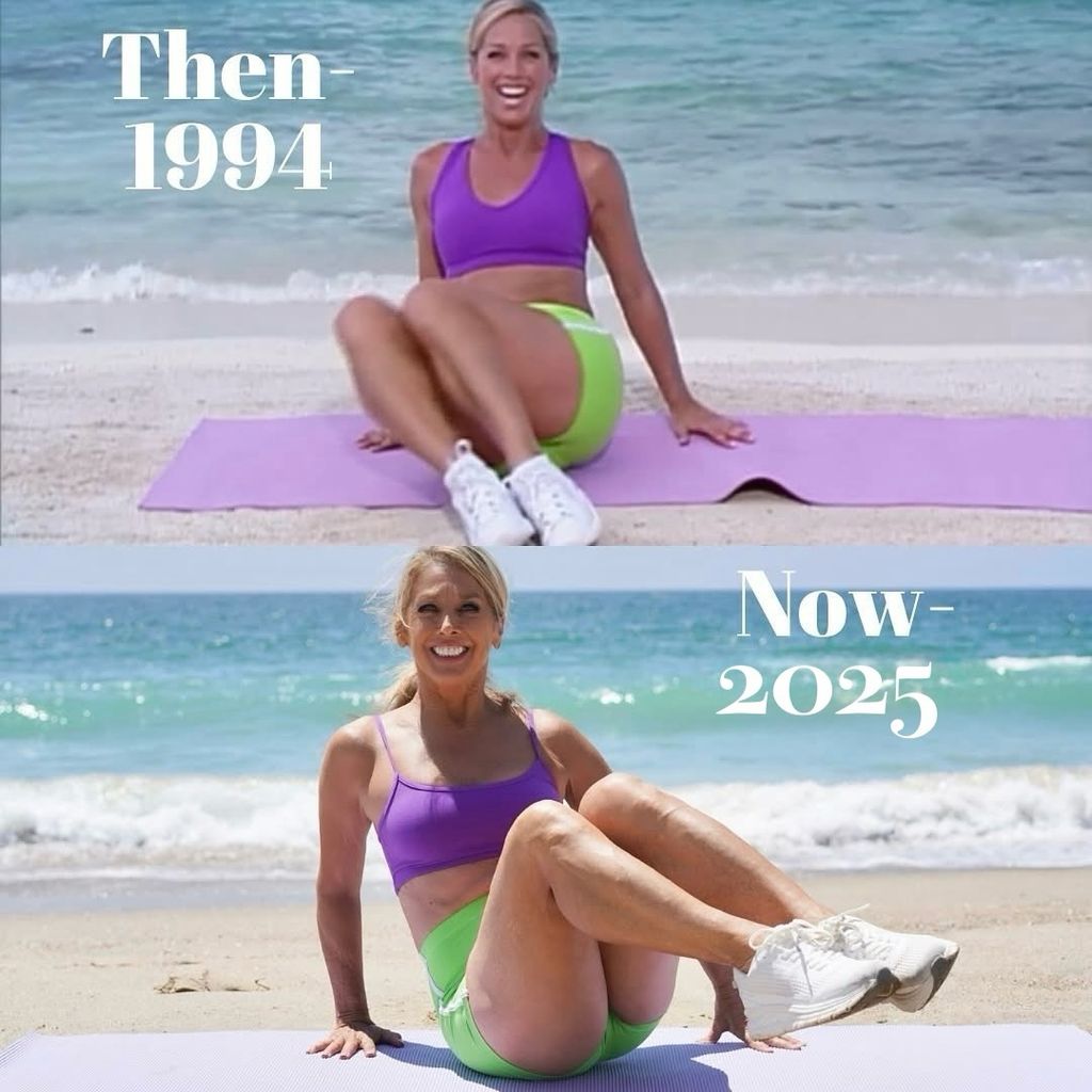 denise austin working out on beach split image
