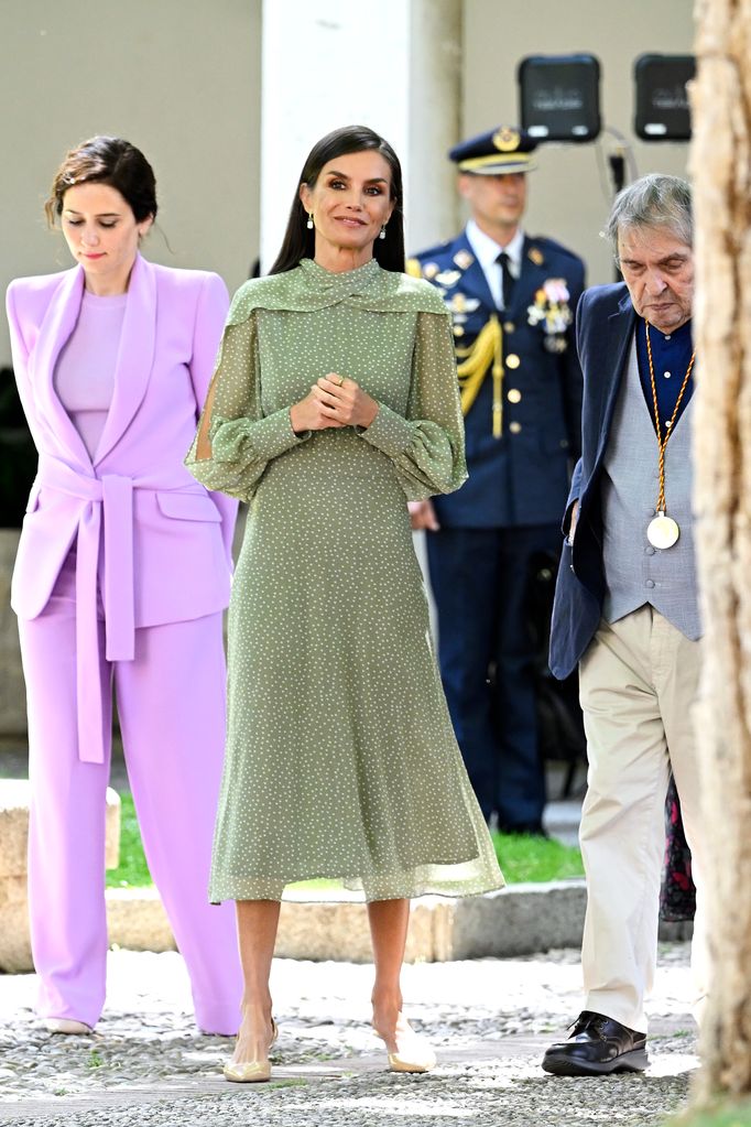 Queen Letizia win muted olive dotty dress