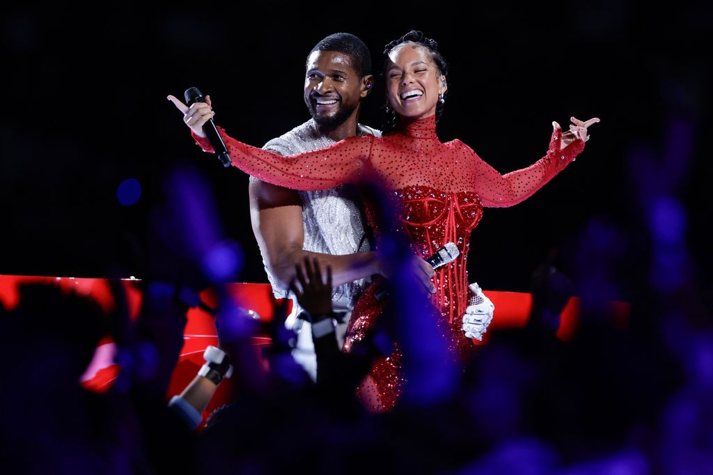 Usher and Alicia Keys perform during  halftime of Super Bowl LVIII on Sunday, Feb. 11, 2024, at Allegiant Stadium in Las Vegas.