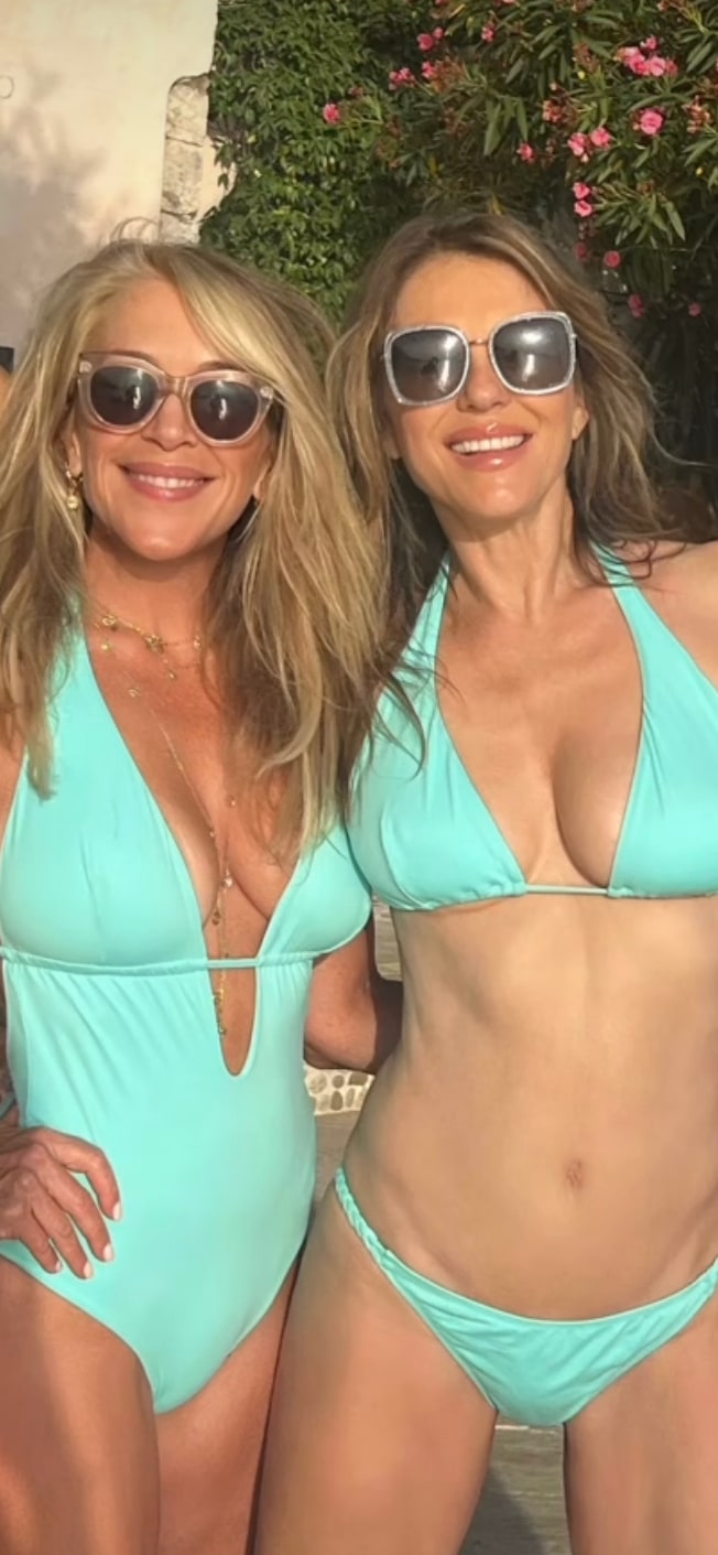 elizabeth hurley in turquoise bikini with friend 