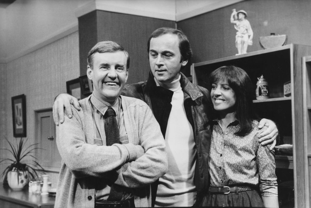 Black-and-white image of Richard Briers, Peter Egan and Penelope Wilton