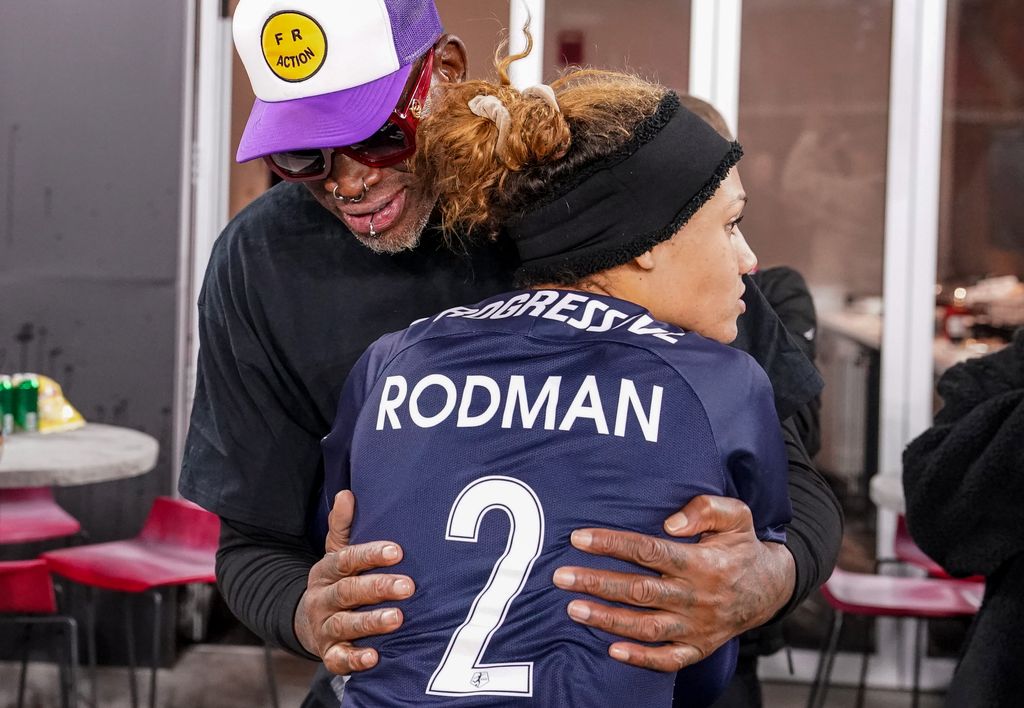 Washington Spirit forward Trinity Rodman (2) with her father basketball legend Dennis Rodman after a game between North Carolina Courage and Washington Spirit at Audi Field on November 7, 2021 in Washington, DC