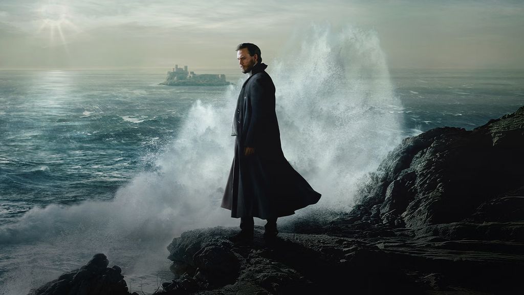 man standing on rocks against crashing waves