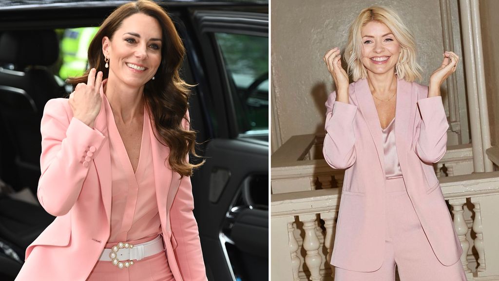 split image princess kate and holly willoughby pink suits 