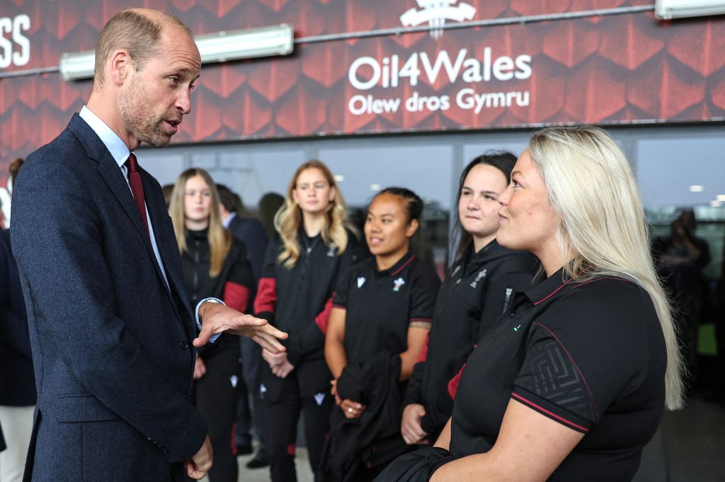Prince William, Prince of Wales meets young rugby players as he visits Parc y Scarlets, the home of the Scarlets Rugby Union team, to celebrate the contribution of current and former Welsh female players, in Llanelli, Wales, on September 10, 2024.