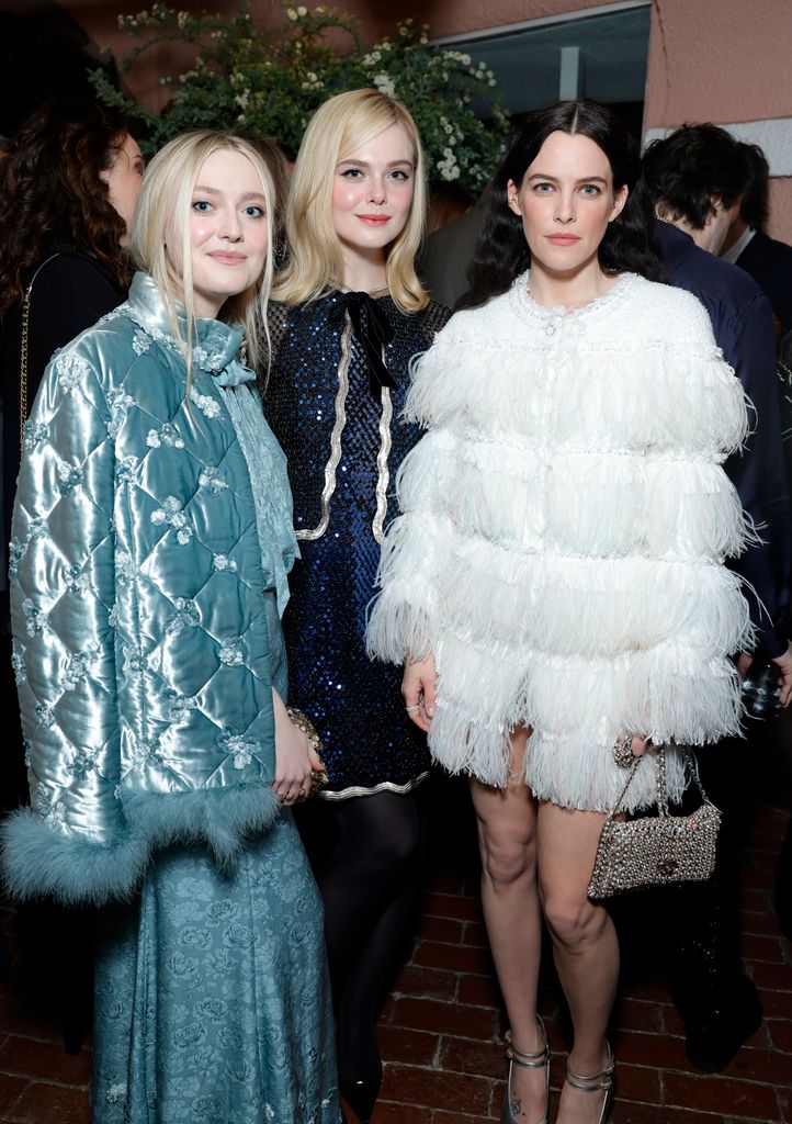 Dakota Fanning, Elle Fanning, and Riley Keough attend the CHANEL and Charles Finch Annual Pre-Oscar Dinner at the Polo Lounge at The Beverly Hills Hotel on March 01, 2025 in Beverly Hills, California