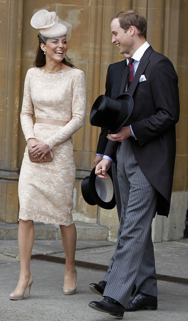 kate in nude lace gown laughing with william