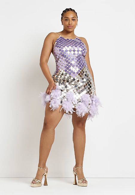 plus size purple sequin dress with feather trim