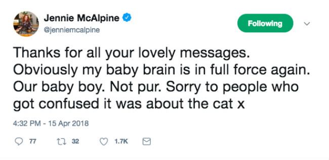 jennie mcalpine baby news mistake twitter