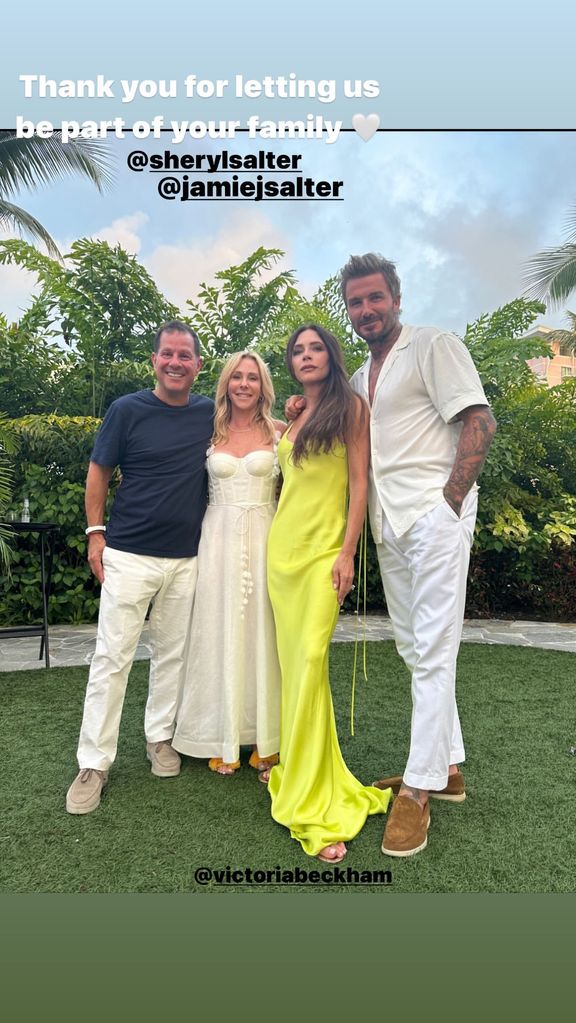 Victoria Beckham in a yellow-green slip dress with David Beckham and their friends