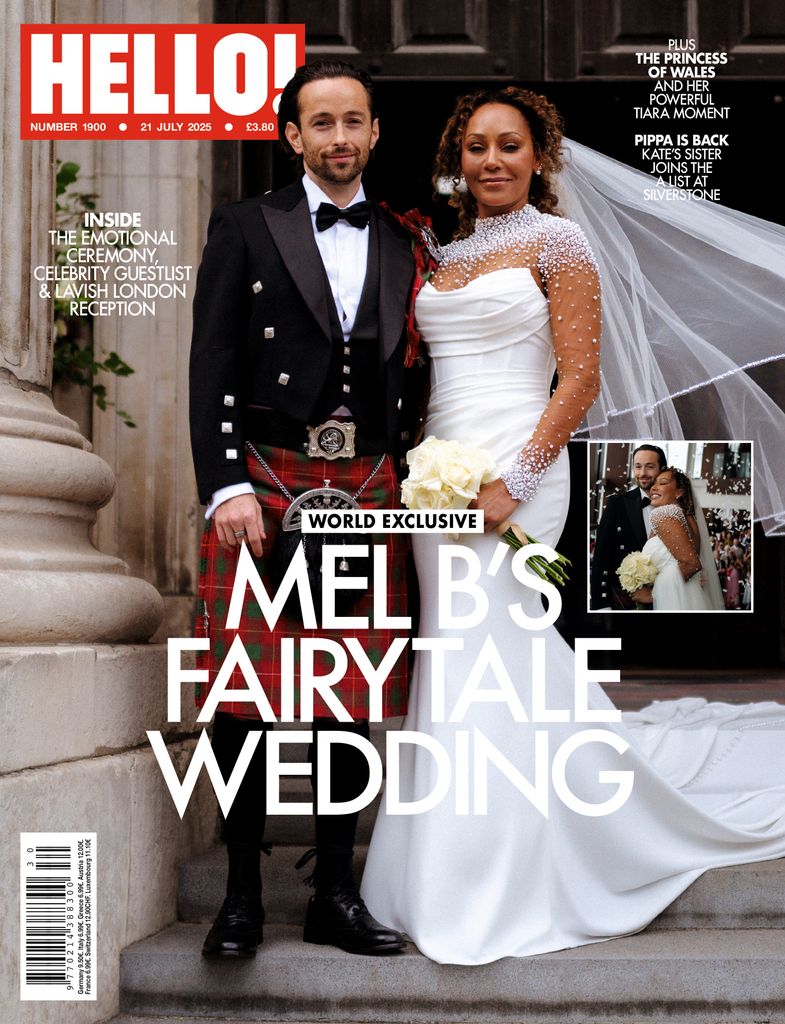Cover of HELLO! magazine featuring Mel B and her husband on their wedding day. Mel B is wearing a glamorous white wedding gown with sheer, crystal-embellished sleeves and a long veil, holding a white bouquet.