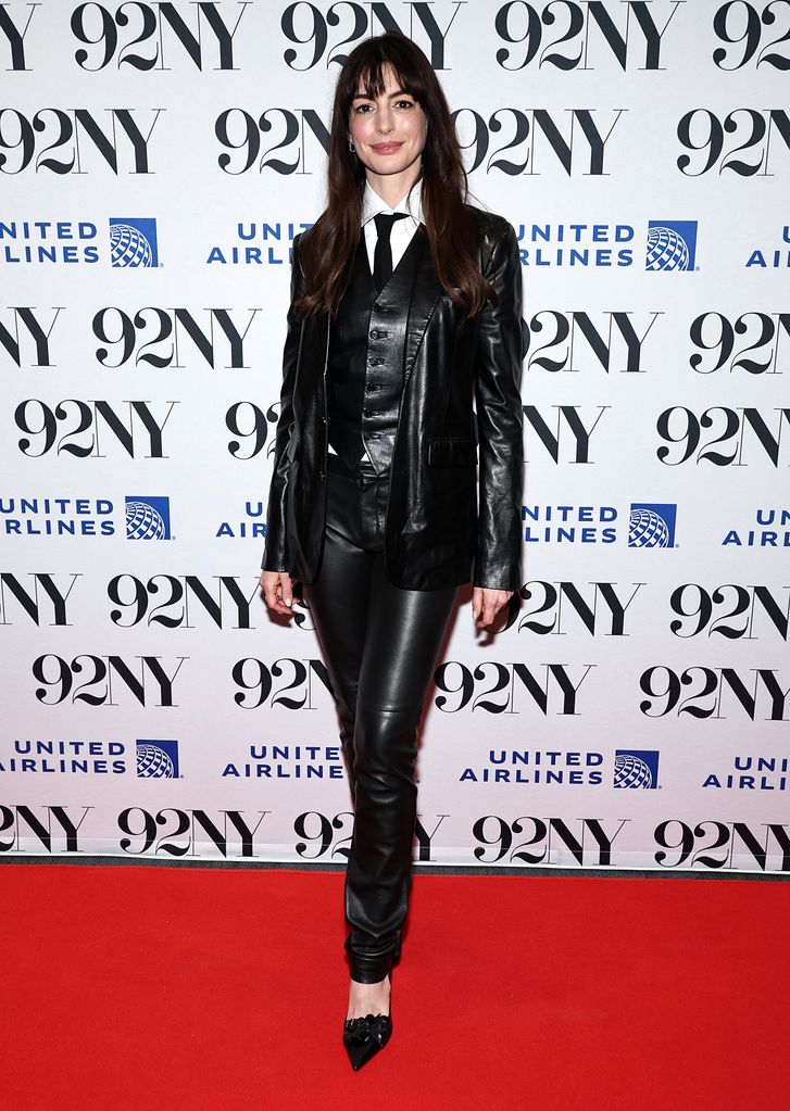 Anne Hathaway wearing a triple leather look to the "The Idea Of You" Screening & Conversation at 92NY 